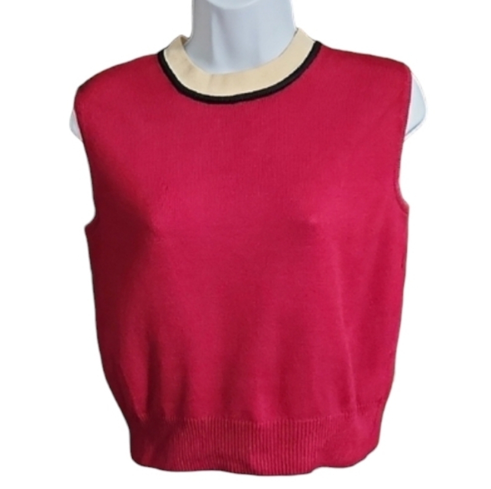 St. John Red and Cream Sleeveless Santana Knit Back Zip Tank Top